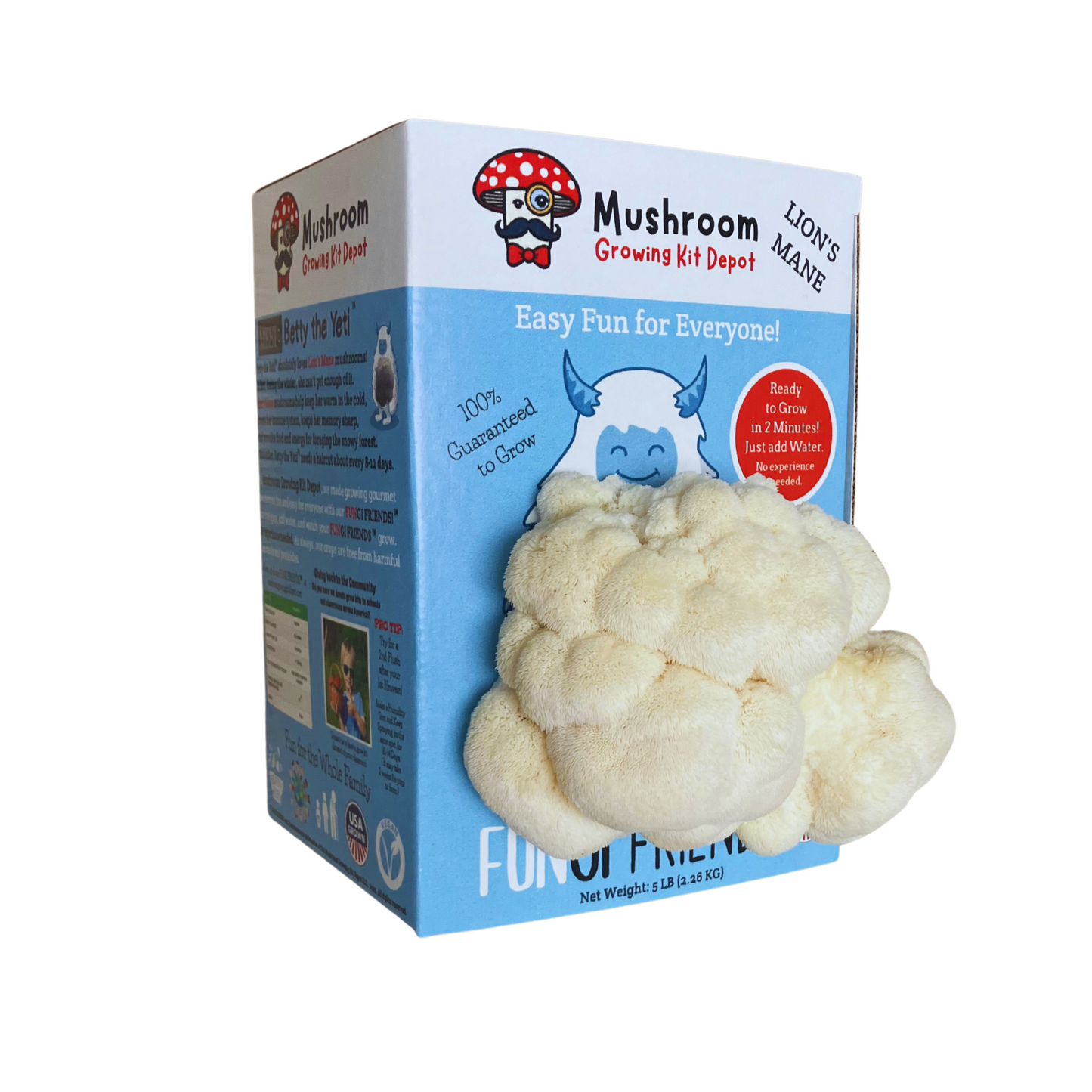 Lion's Mane Mushroom growing kit packaging with cartoon Betty the yeti character for growing mushrooms at home (side view)