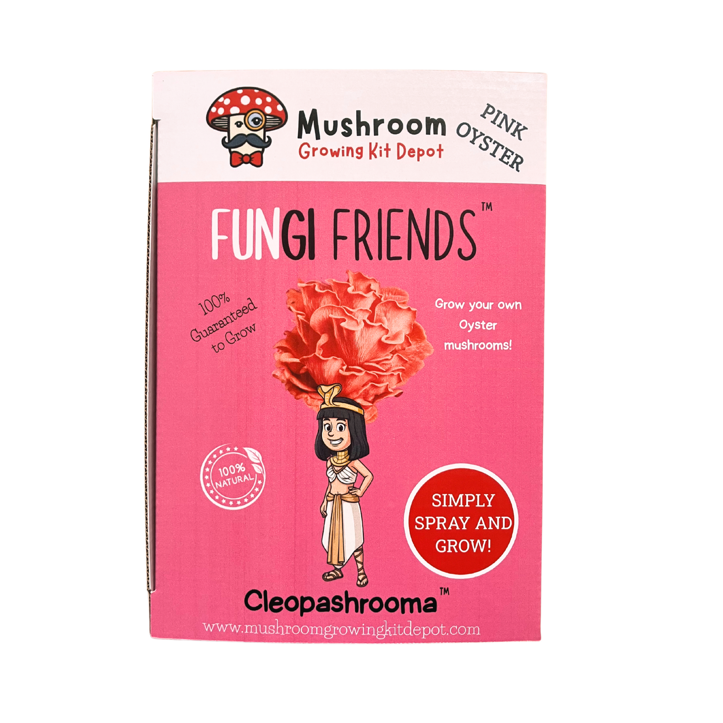 Pink Oyster Mushroom growing kit packaging with Cleopashrooma cartoon from Fungi Friends. Grow your own mushrooms at home.