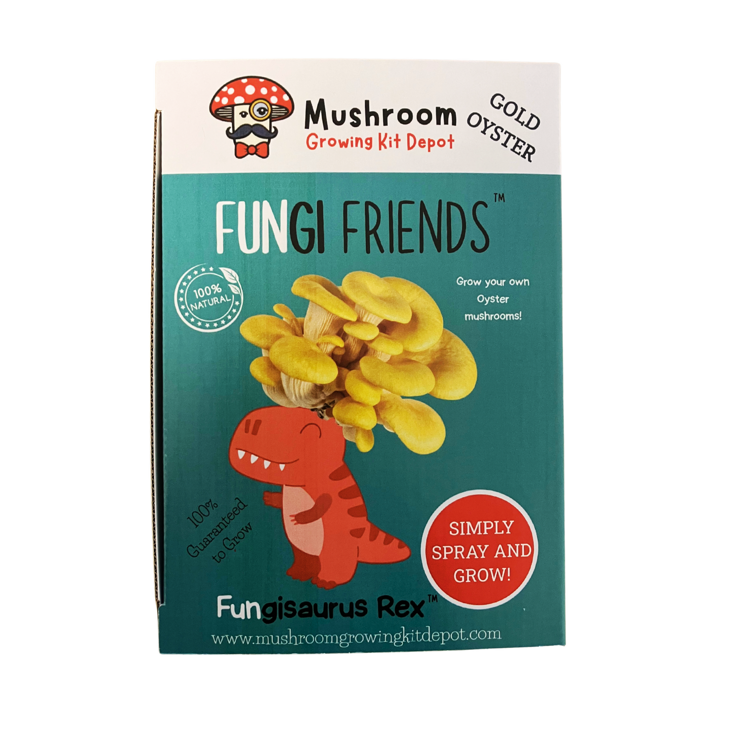 Golden Oyster Mushroom growing kit packaging with Fungisaurus Rex cartoon from Fungi Friends. Grow your own mushrooms at home. Fungisaurus Rex is a cartoon dinosaur with a yellow oyster mushroom crown growing out the top of its head.
