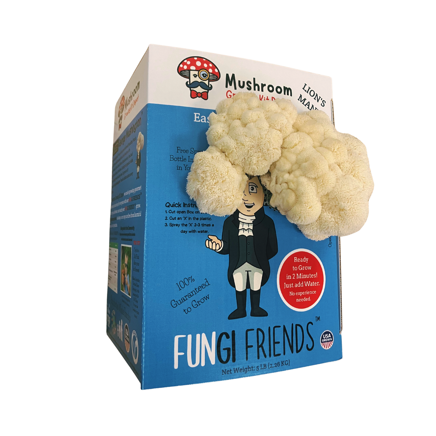 Lion's Mane Mushroom growing kit packaging with cartoon George Mushington character for growing mushrooms at home (side view 2)