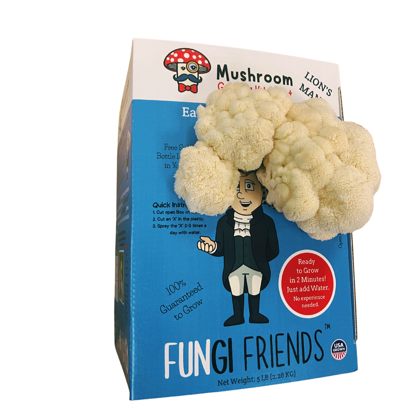 Lion's Mane Mushroom growing kit packaging with cartoon George Mushington character for growing mushrooms at home (side view)