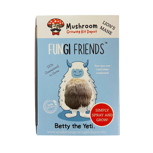 Lion's Mane Mushroom growing kit packaging with cartoon Betty the yeti character for growing mushrooms at home.