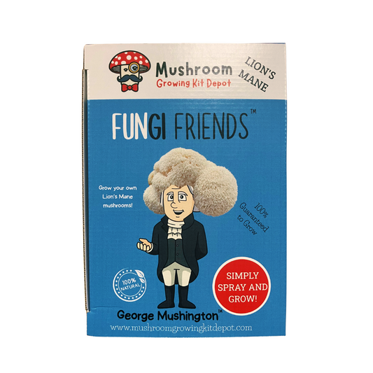 Lion's Mane Mushroom growing kit packaging with cartoon George Mushington character for growing mushrooms at home.